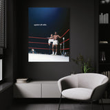 Against All Odds wall art above a white chair in a dark room