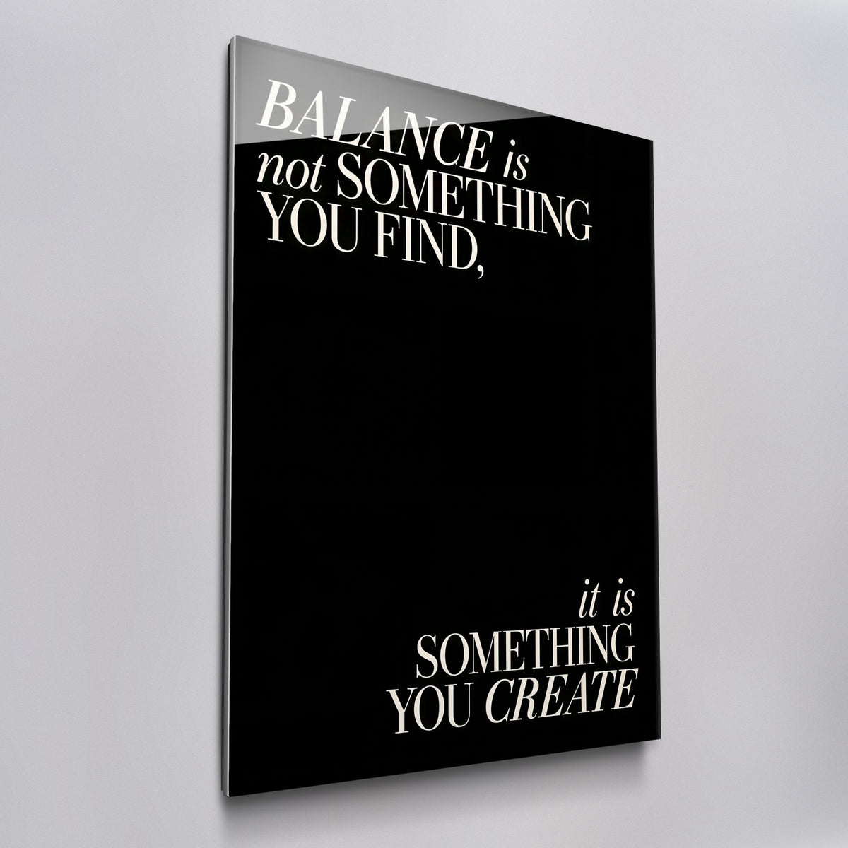 Balance quote wall art in acrylic glass, angled view