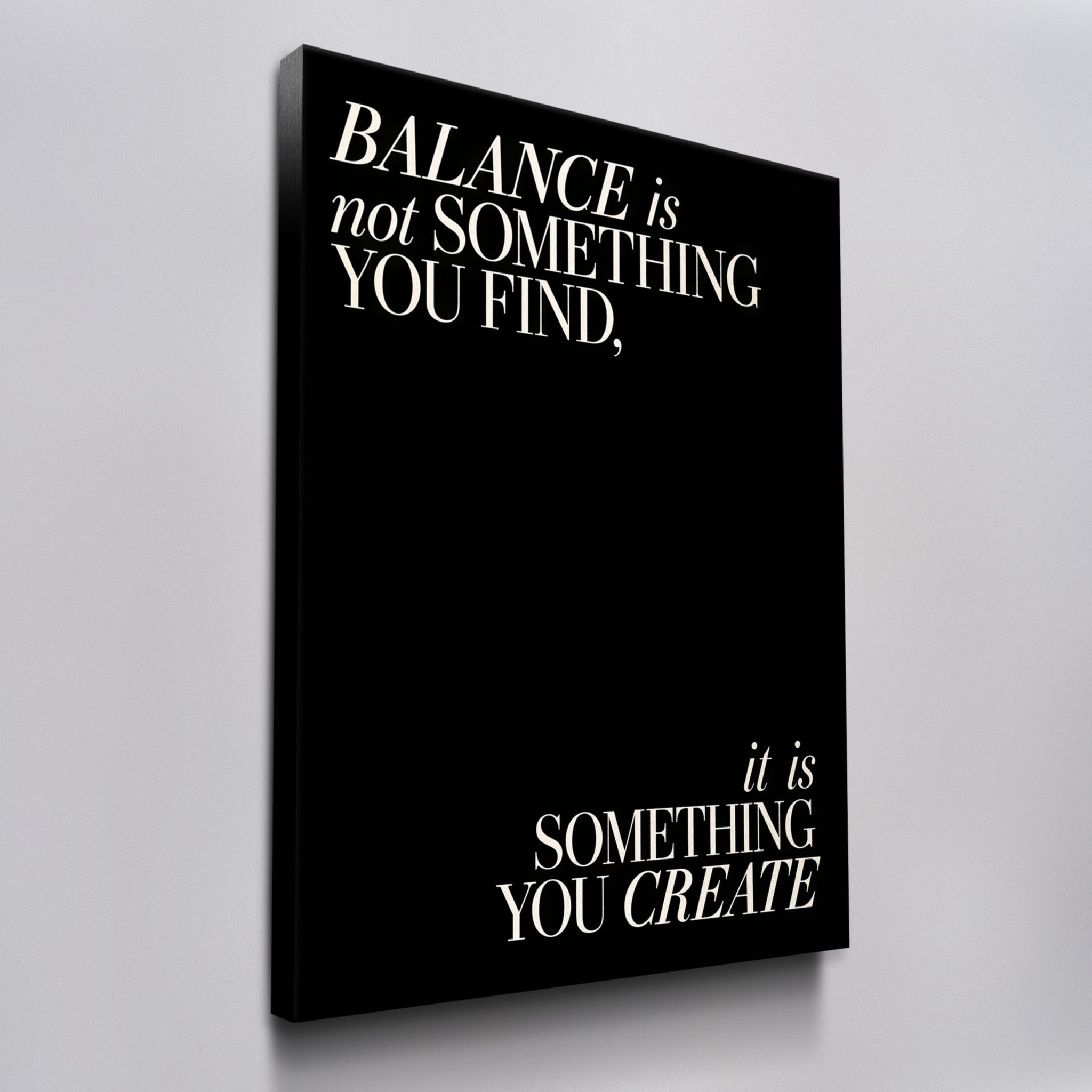 Balance quote wall art on canvas, angled view