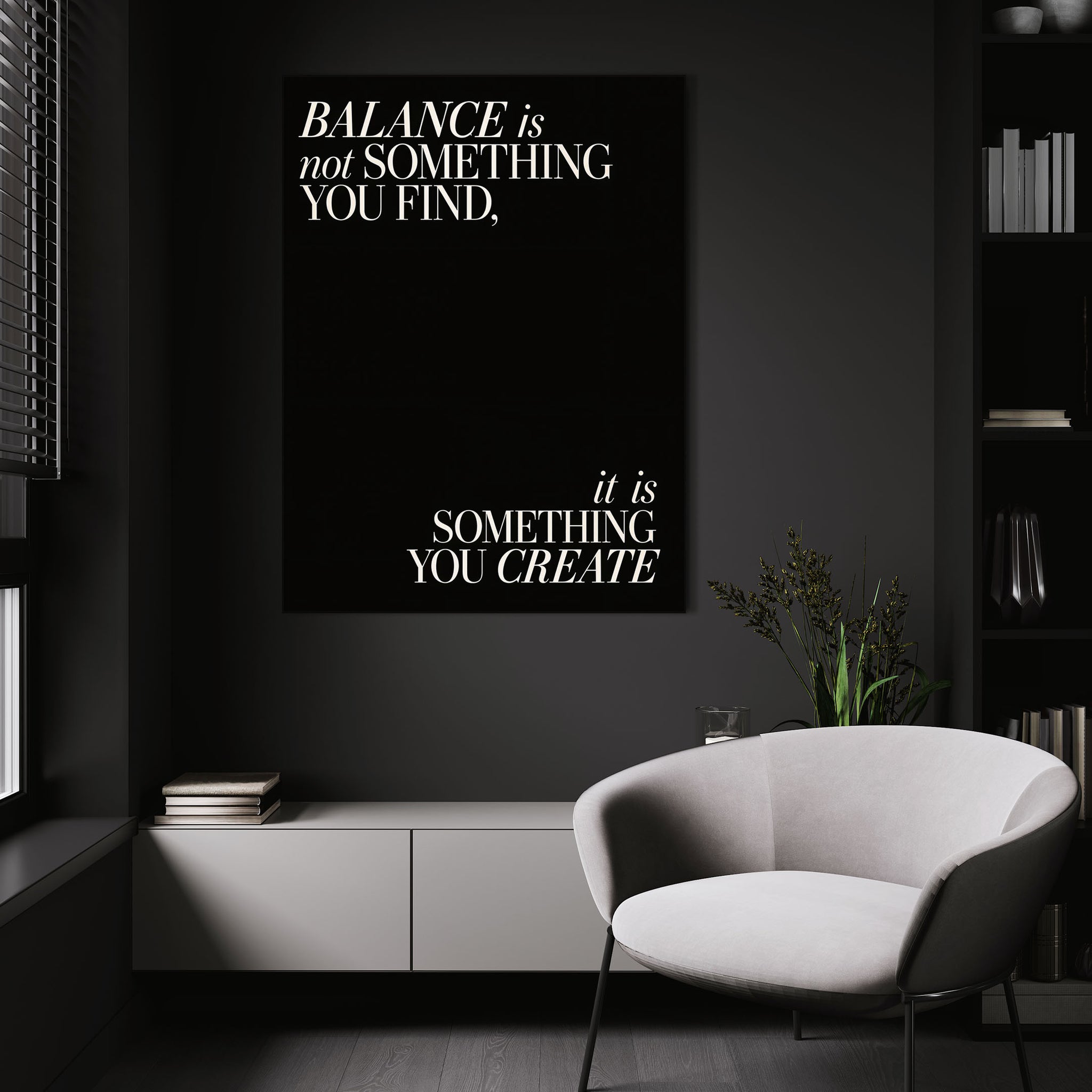 Balance quote wall art above a white chair in a dark room