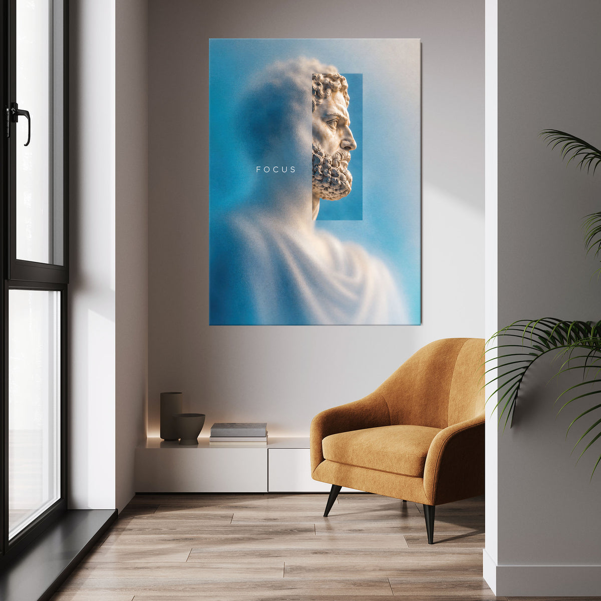 Clarity Within wall art above a tan chair in a bright room