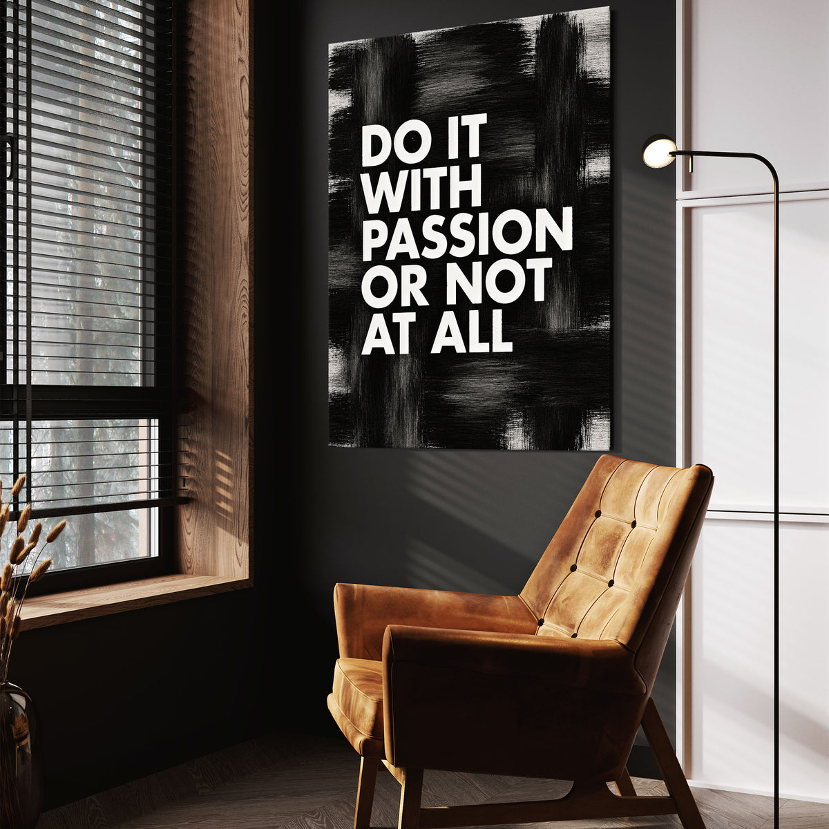 Do It With Passion motivational wall art above a tan chair in a dark reading corner