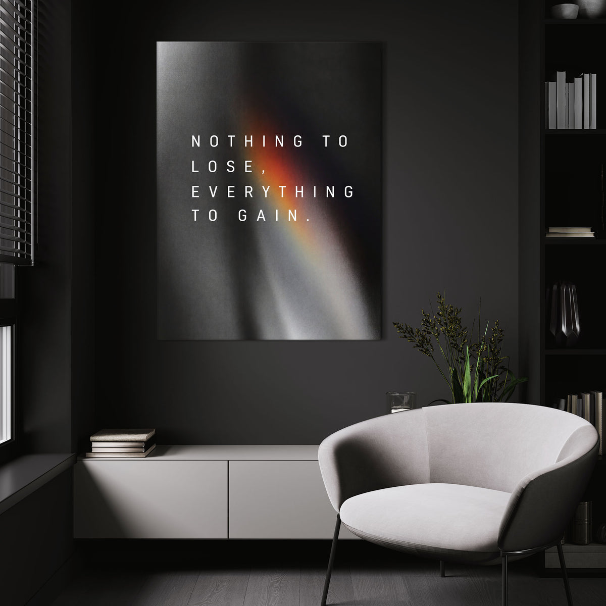 Everything To Gain motivational wall art above a white chair in a dark room