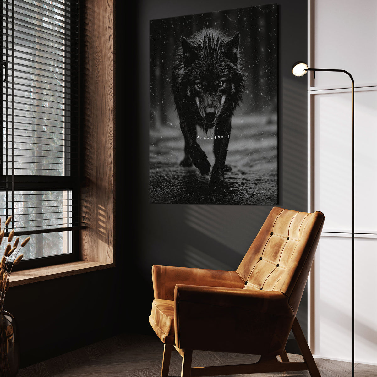 Fearless black and white wolf wall art — mock 1