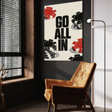 Go All In wall art above a tan chair in a dark reading corner
