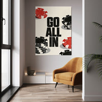 Go All In wall art above a mustard chair in a bright room
