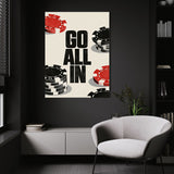 Go All In wall art above a white chair in a dark room
