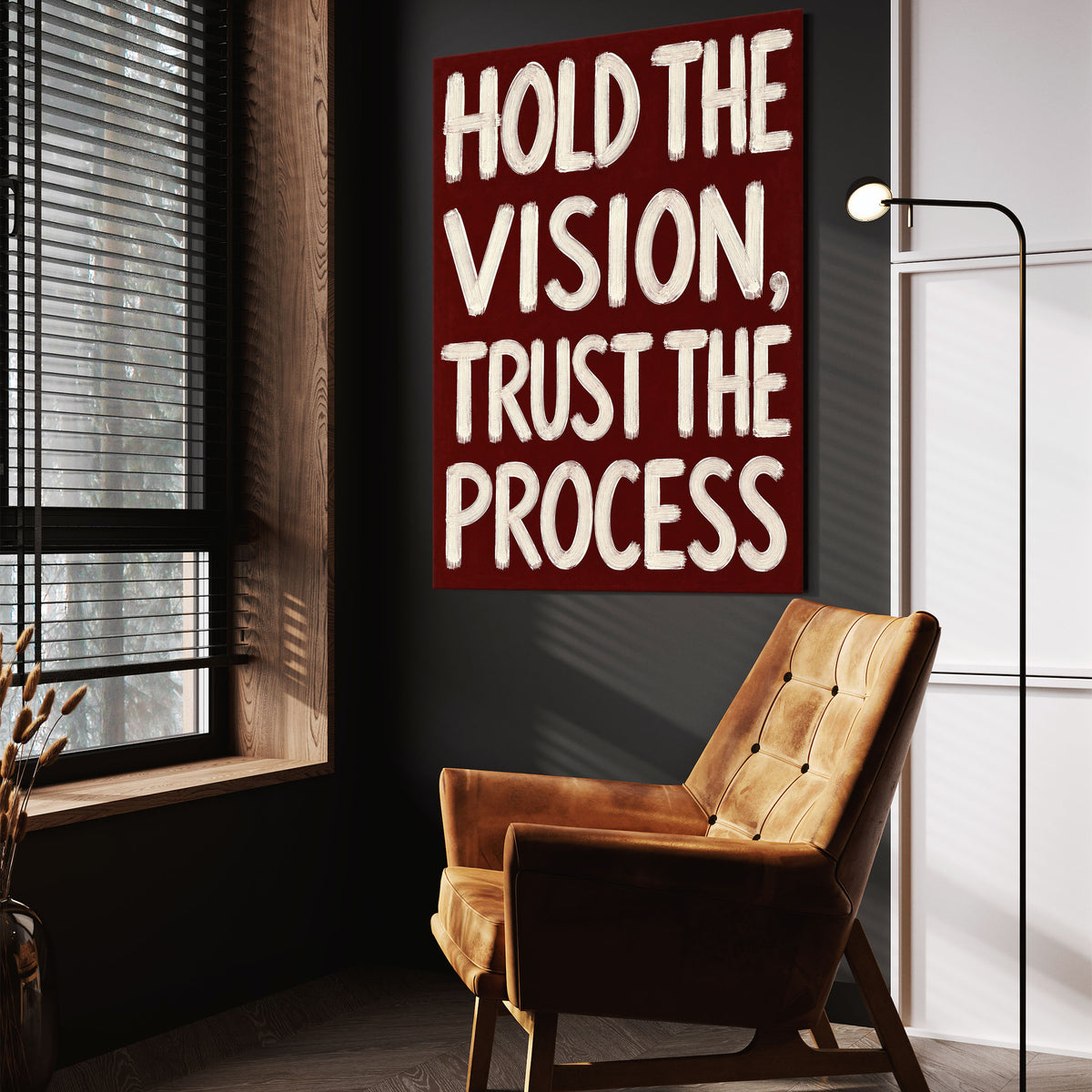 Hold the Vision wall art above a wooden lounge chair in a dark room