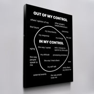 In vs. Out of My Control black and white wall art on canvas, angled view