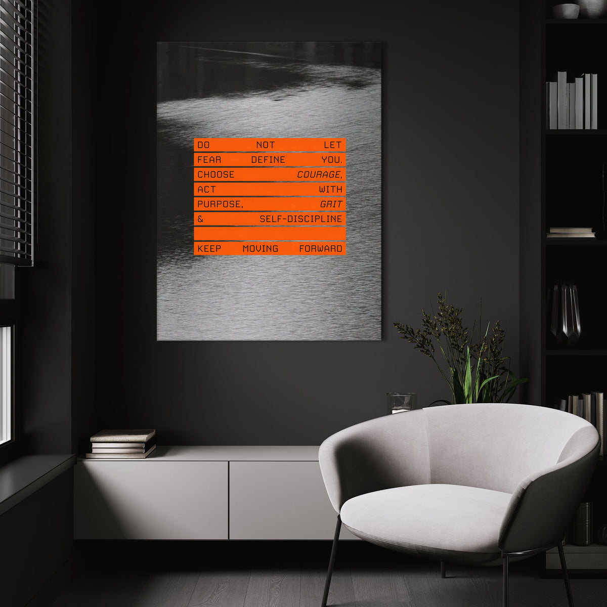 Keep Moving Forward wall art above a white chair in a dark room