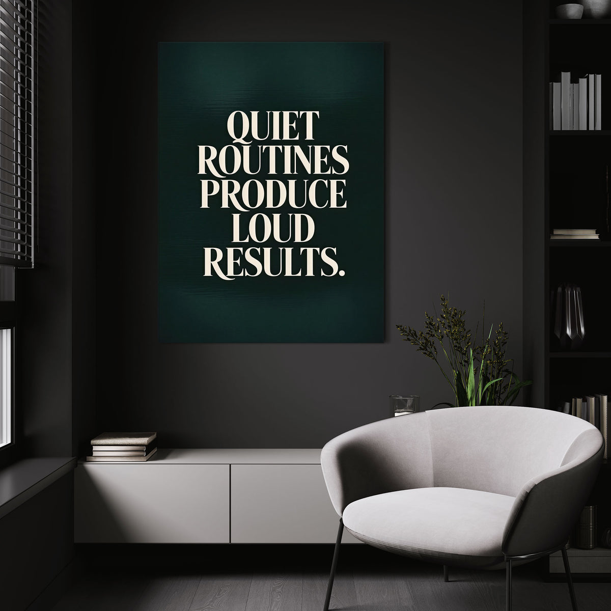 Loud Results wall art above a white chair in a dark room