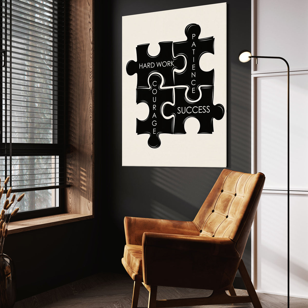 Puzzle Pieces wall art above a tan chair in a dark reading corner