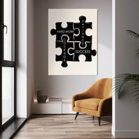 Puzzle Pieces wall art above a mustard chair in a bright room