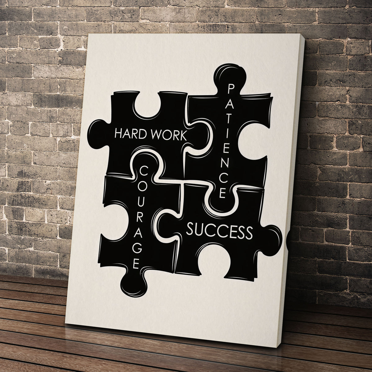 Puzzle Pieces wall art leaning against a brick wall
