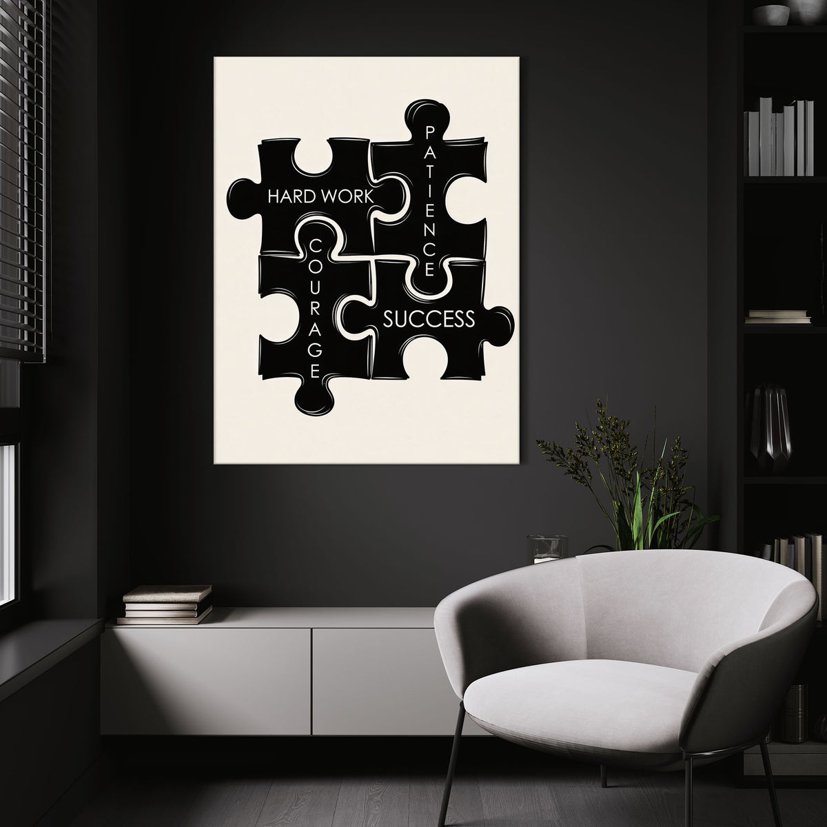 Puzzle Pieces wall art above a white chair in a dark room