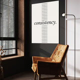 Show Up Daily wall art above a wooden lounge chair in a dark room