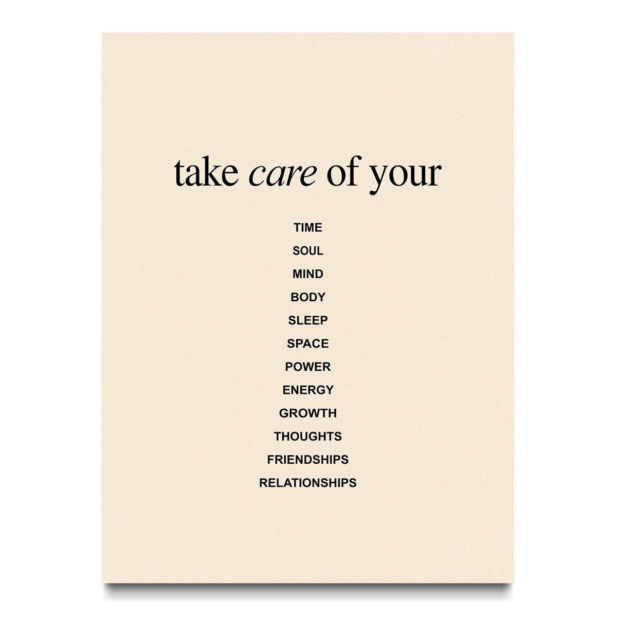 Take Care canvas wall art, front view