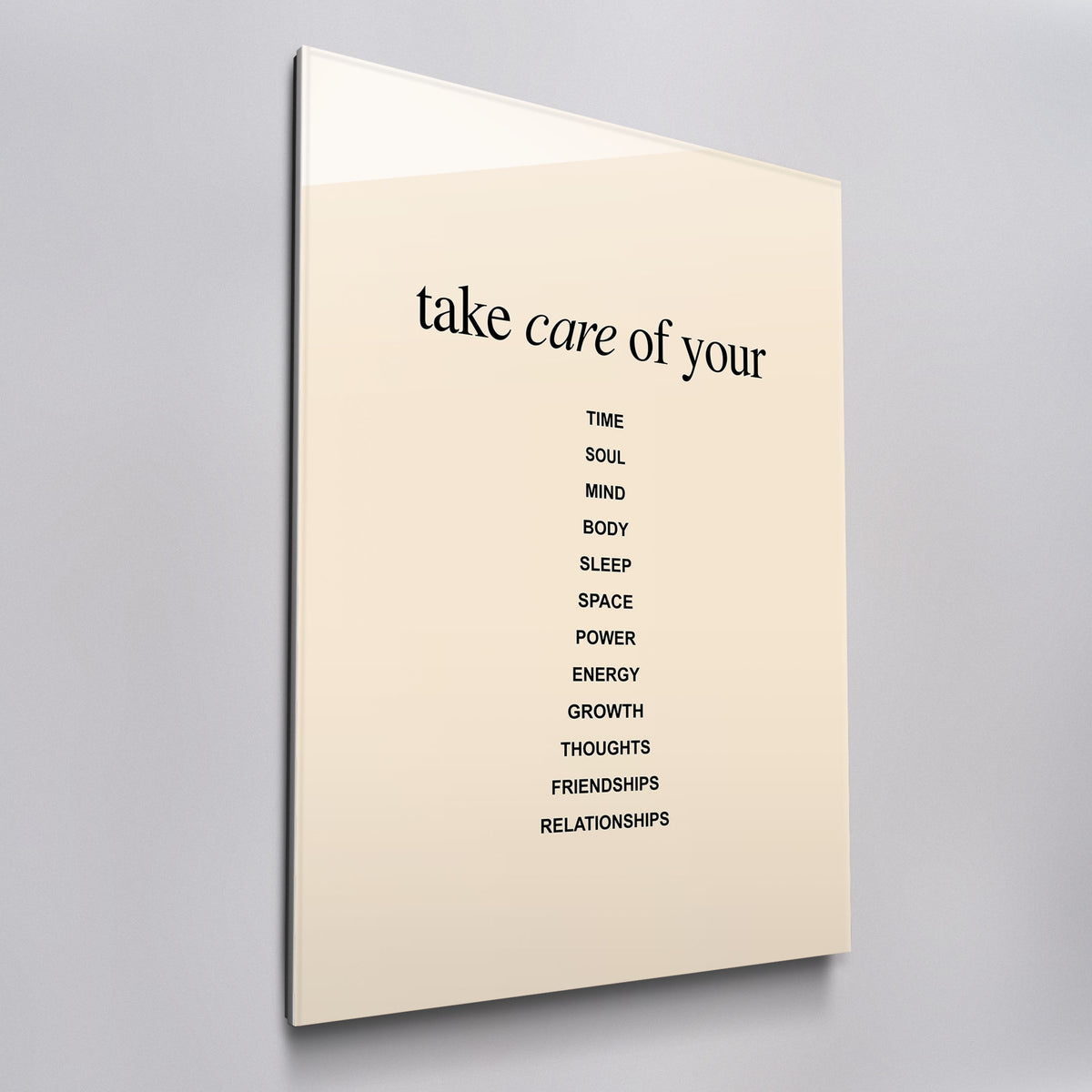 Take Care acrylic glass wall art, angled view