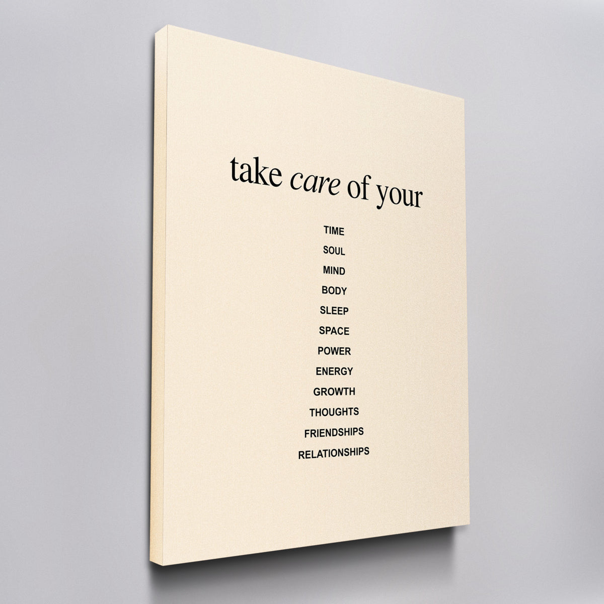 Take Care canvas wall art, angled view