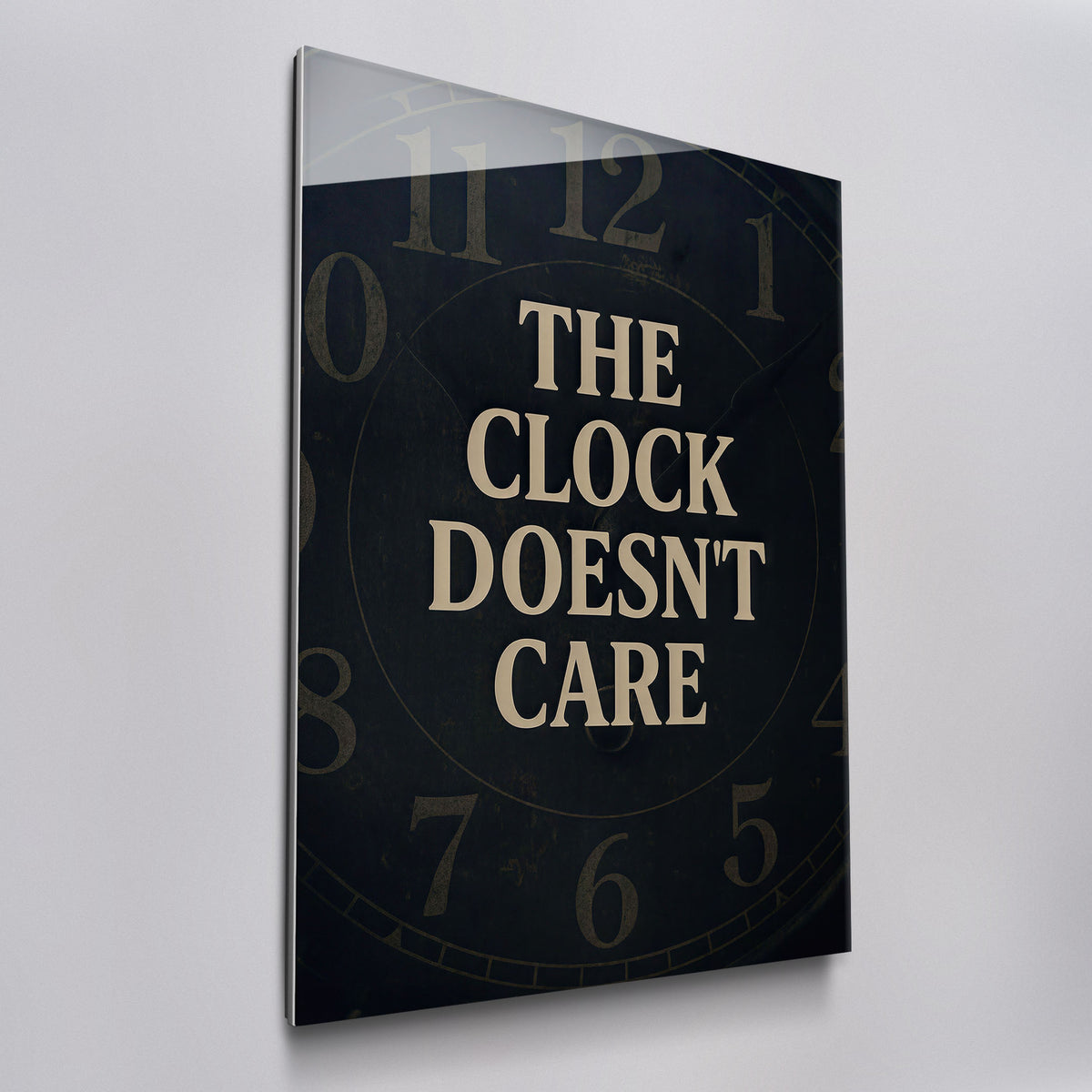 The Clock Doesn't Care acrylic glass wall art, angled view