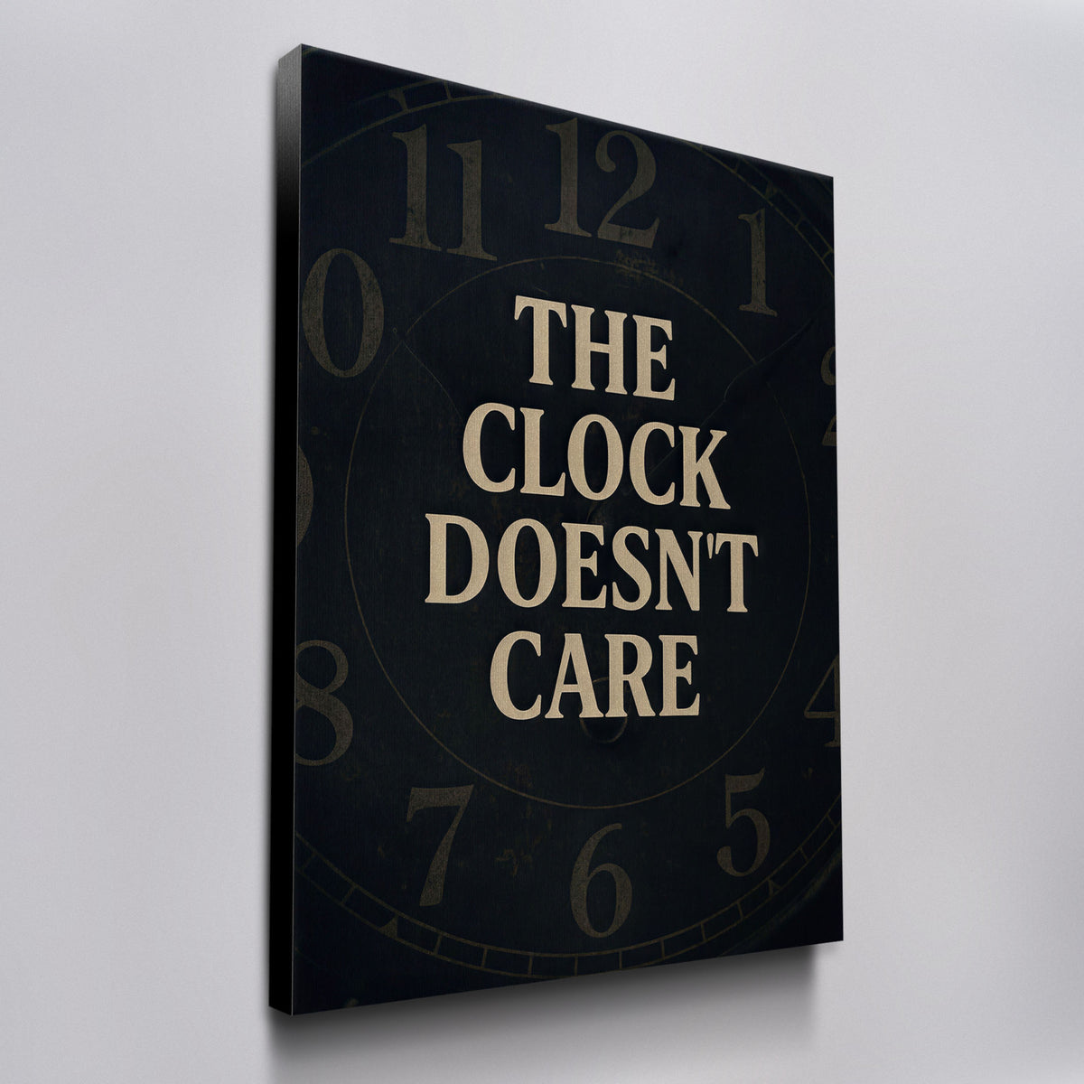 The Clock Doesn't Care canvas wall art, angled view