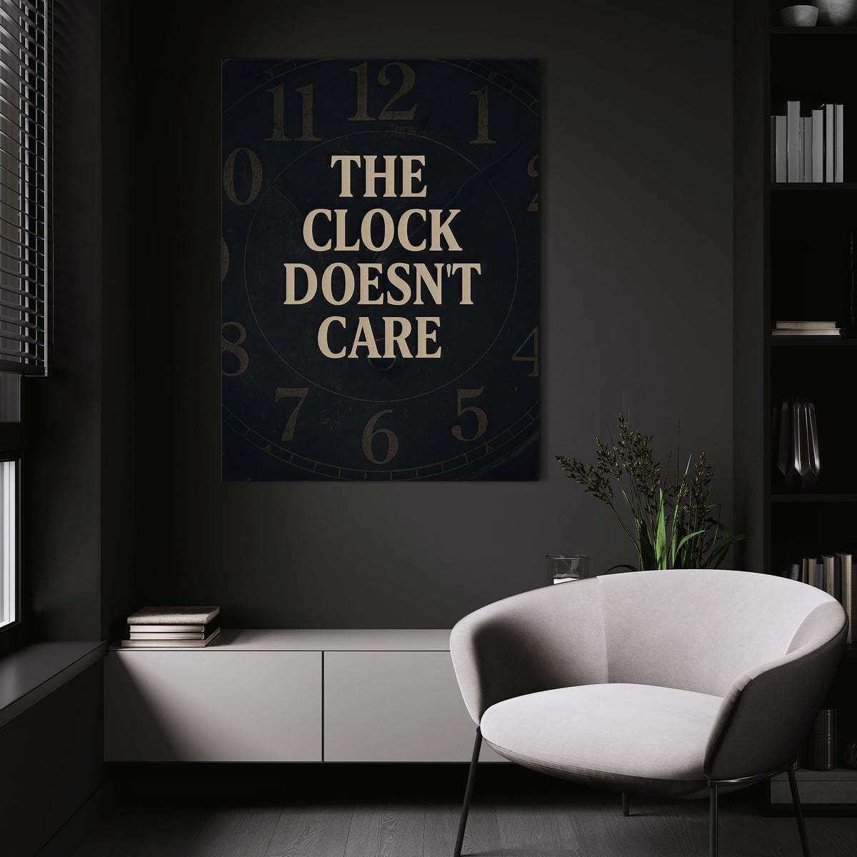 The Clock Doesn't Care wall art above a white chair in a dark room
