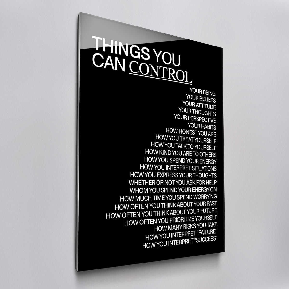 Things You Can Control (Black) acrylic glass wall art, angled view