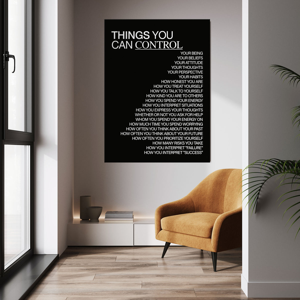 Things You Can Control (Black) wall art above a tan chair in a bright room