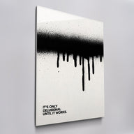 Until It Works black and white wall art in acrylic glass, angled view
