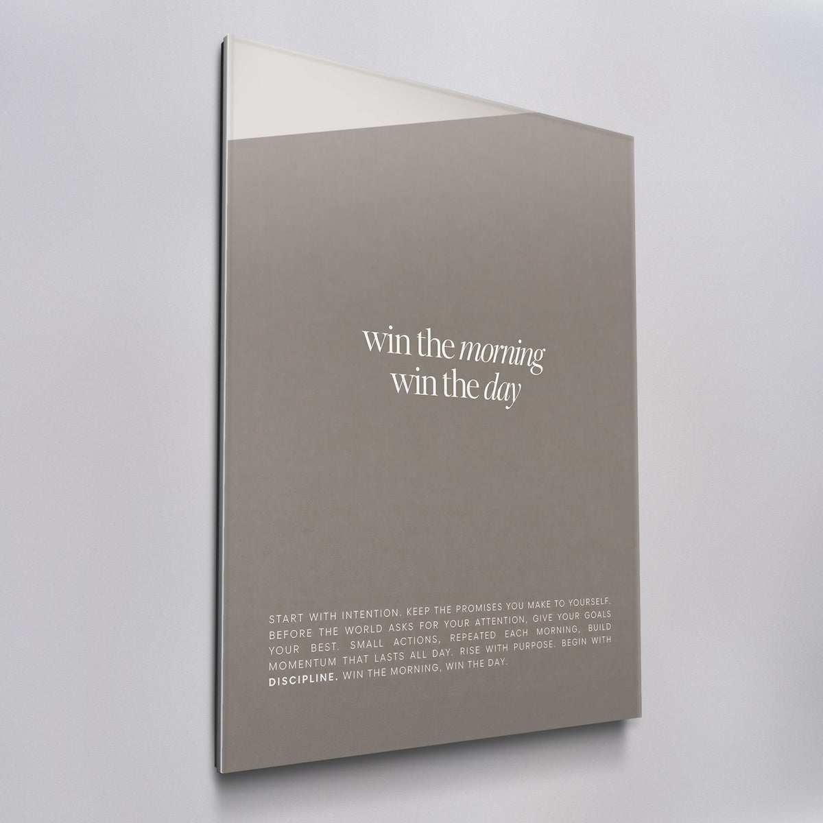Win The Morning acrylic glass wall art, angled view