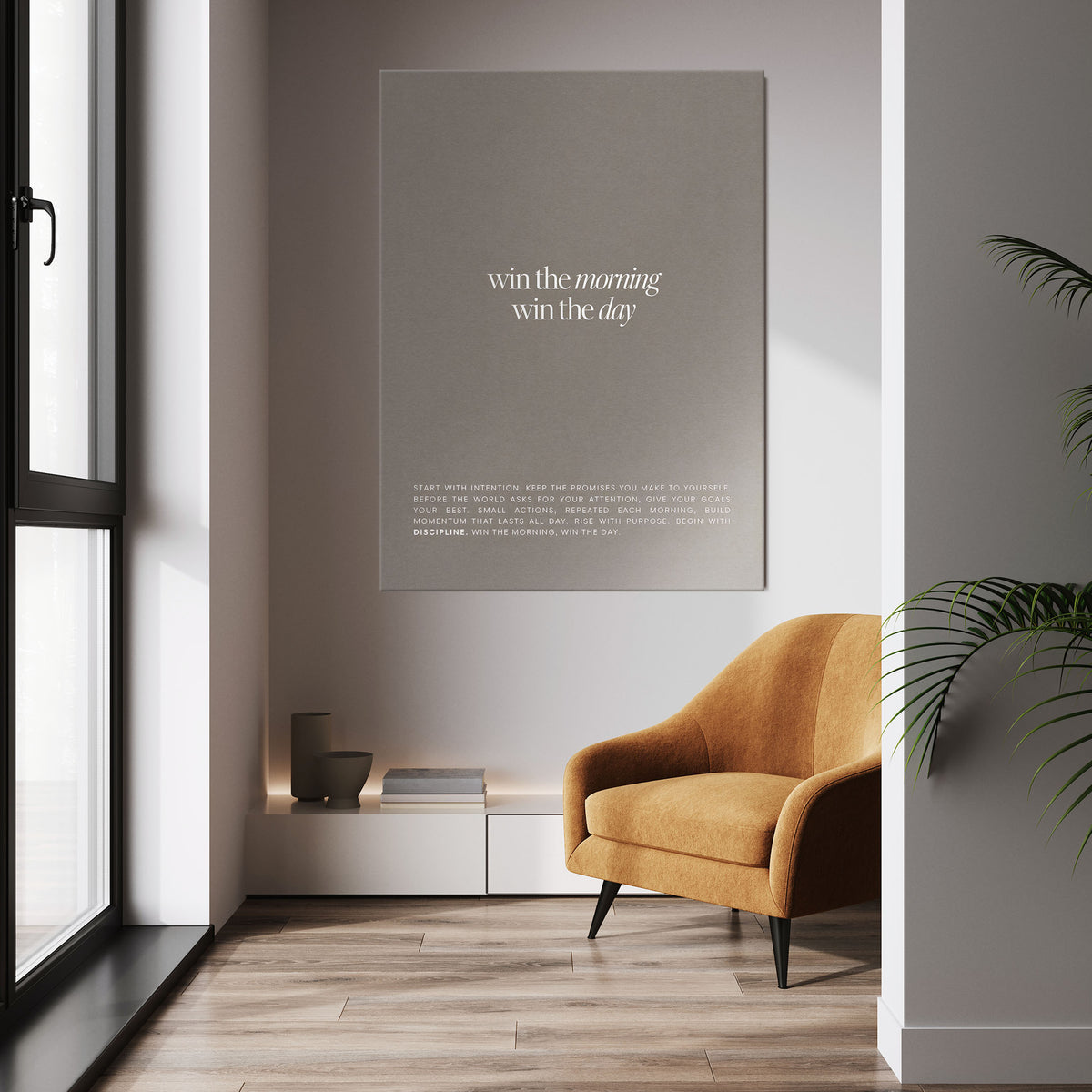 Win The Morning wall art above a tan chair in a bright room